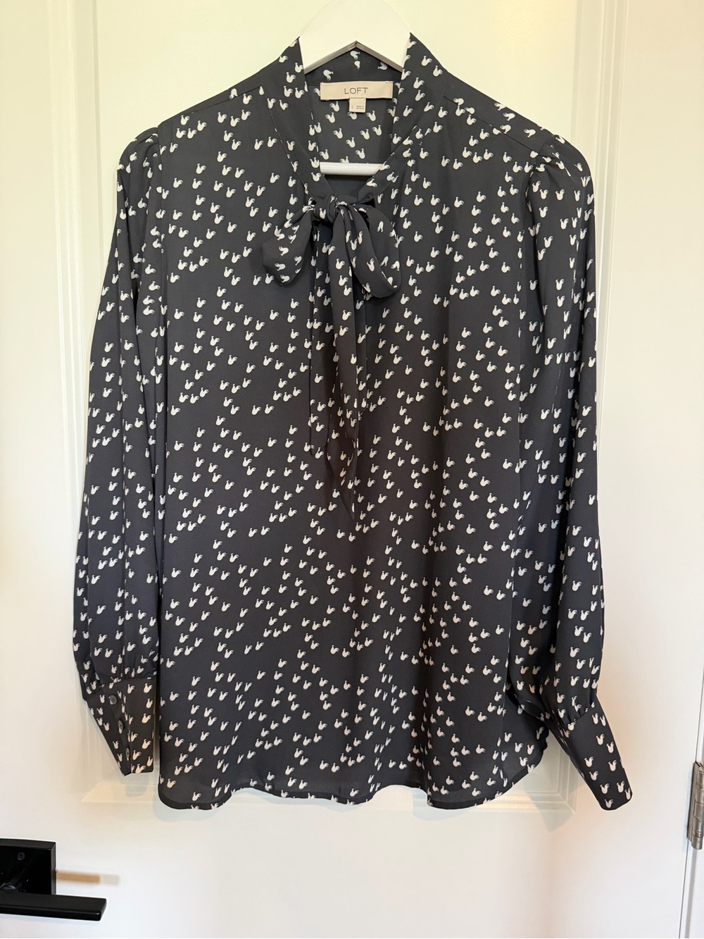 LOFT Black Tie-Neck Blouse with White Bird Print Size Larhe